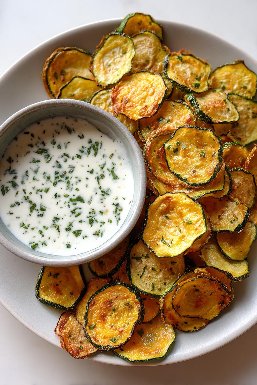 Krosse Zucchini-Chips mit Joghurt-Dip – gesunder Snack - detail 1