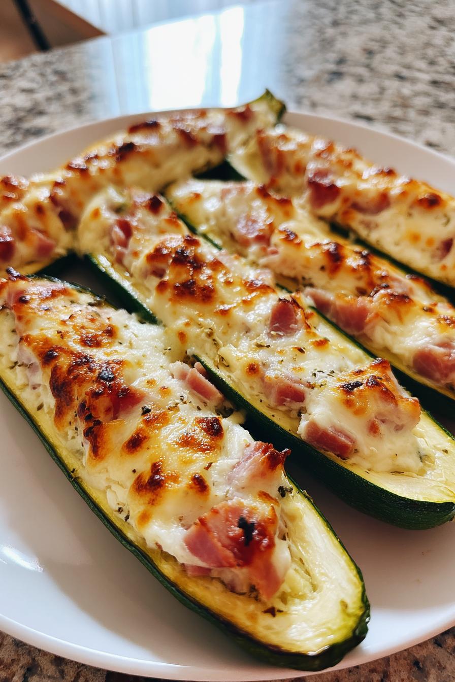 Zucchini-Schiffchen mit Frischkäse, Zwiebeln und Schinken - Meinestube - detail 1