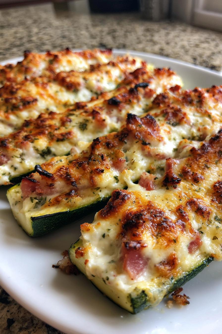 Zucchini-Schiffchen mit Frischkäse, Zwiebeln und Schinken - Meinestube - detail 2