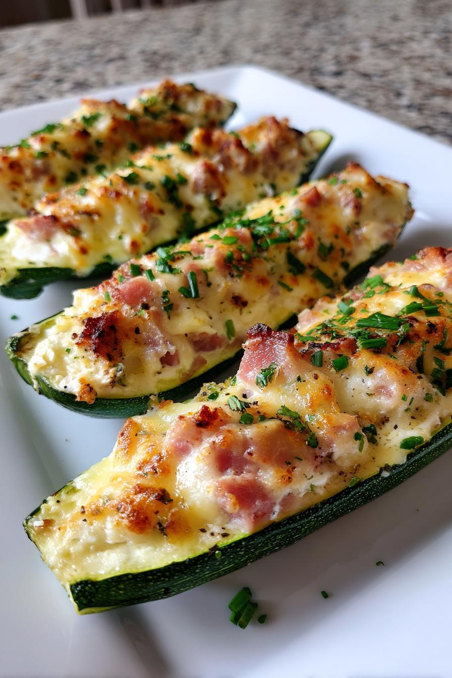 Zucchini-Schiffchen mit Frischkäse, Zwiebeln und Schinken - Meinestube - detail 3