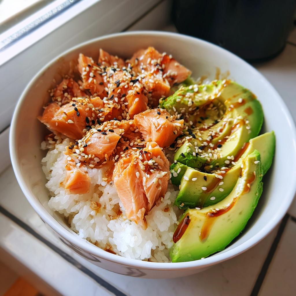 Eine Schüssel mit Avocado Bowl mit Lachs Reis, garniert mit Sesam und Soße.