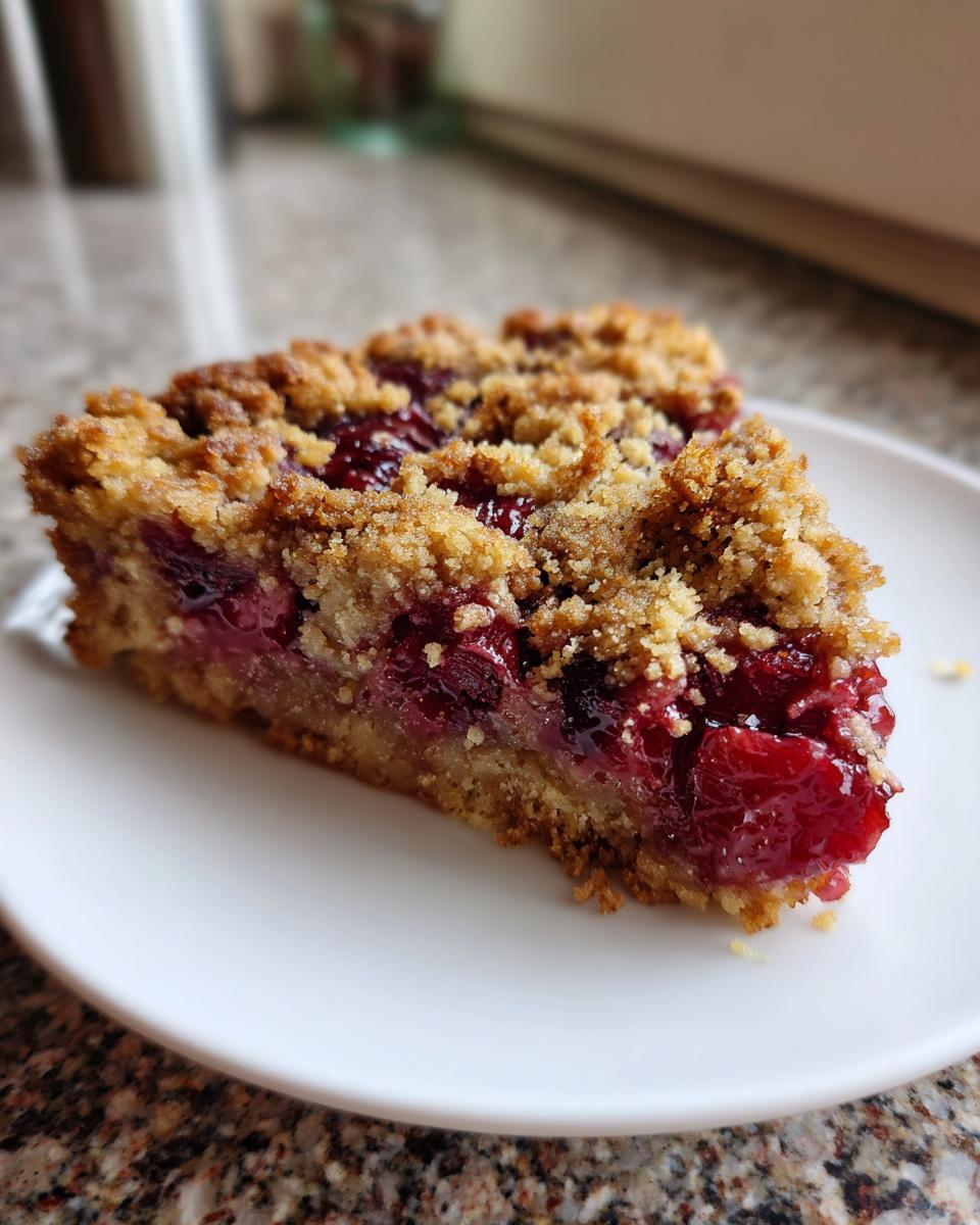 Ein Stück Klassischer Zwetschgenkuchen mit Streuseln auf einem weißen Teller.