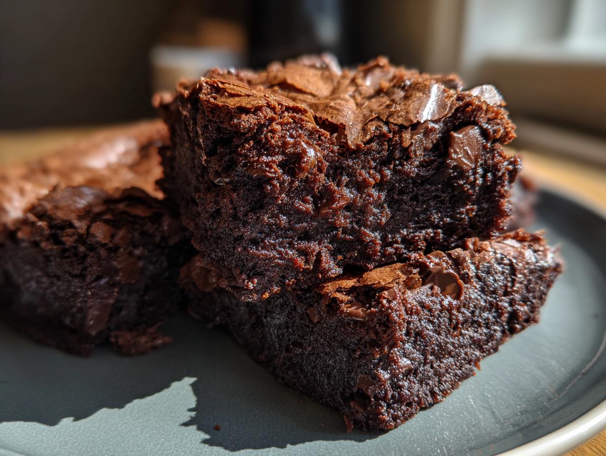 Nahaufnahme von saftigen Brownies mit Schokostückchen, ein wahrer Schoko Genuss.