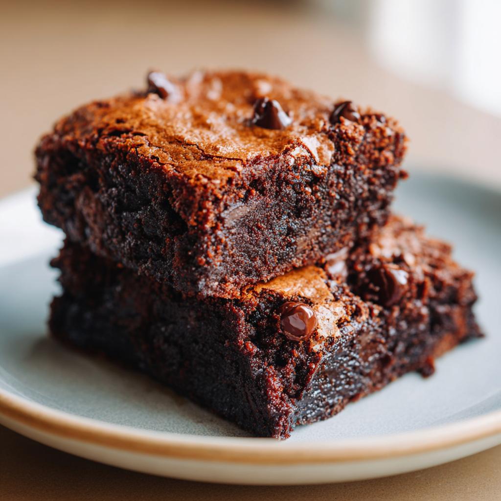 Zwei gestapelte saftige Brownies mit Schokoladenstückchen, ein wahrer Schoko Genuss.