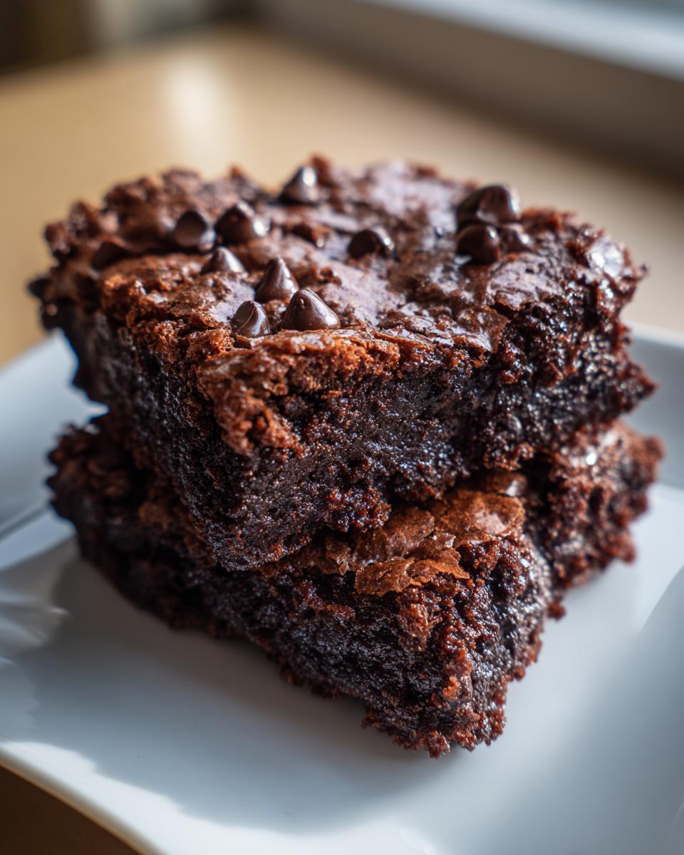 Gestapelte saftige Brownies mit Schokoladenstückchen, ein wahrer Schoko Genuss.