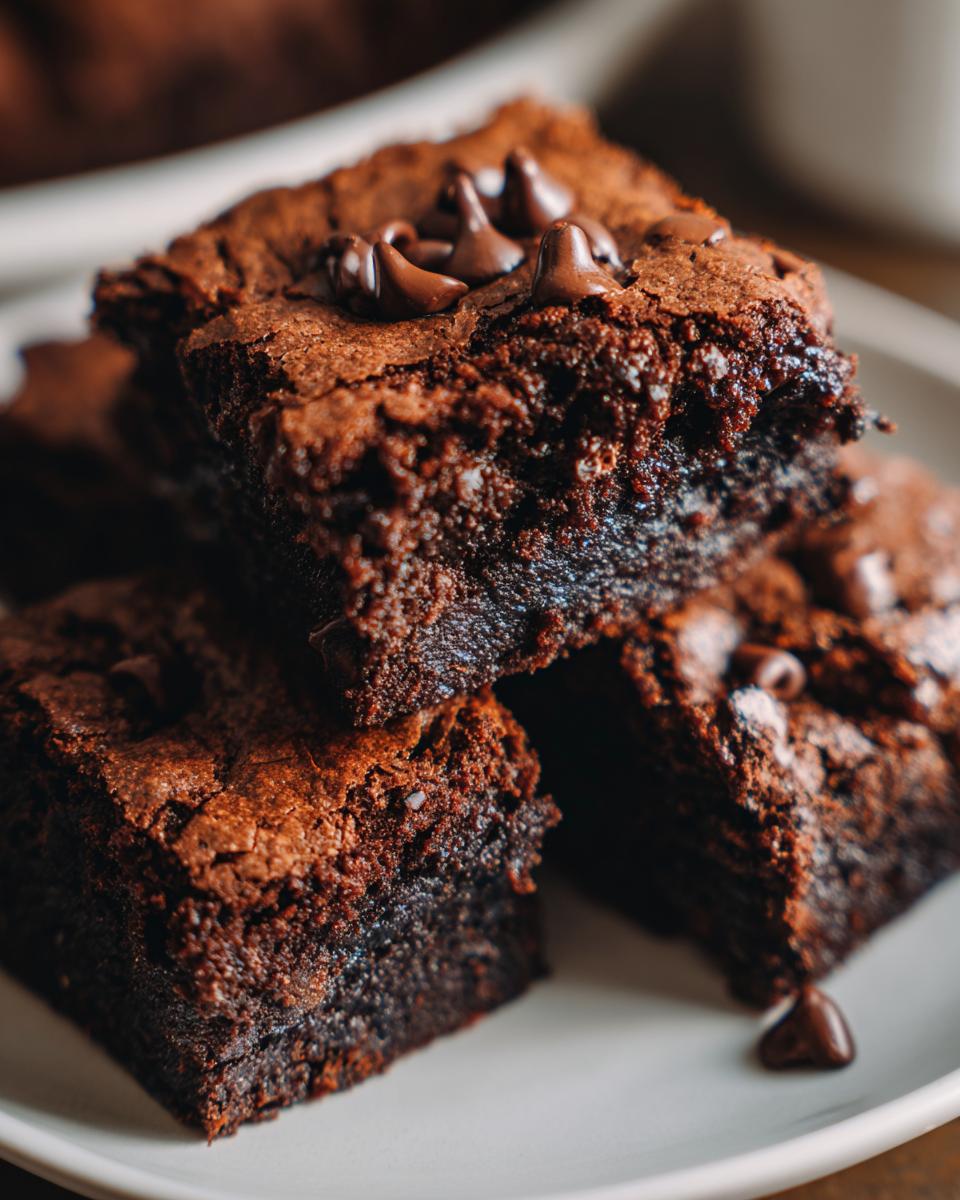 Gestapelte saftige Brownies mit Schokoladenstückchen obendrauf, ein Traumhafter Schoko Genuss.