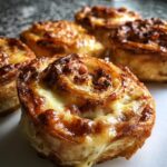 Nahaufnahme von goldbraunen Schinken Käse Schnecken aus Blätterteig mit geschmolzenem Käse.