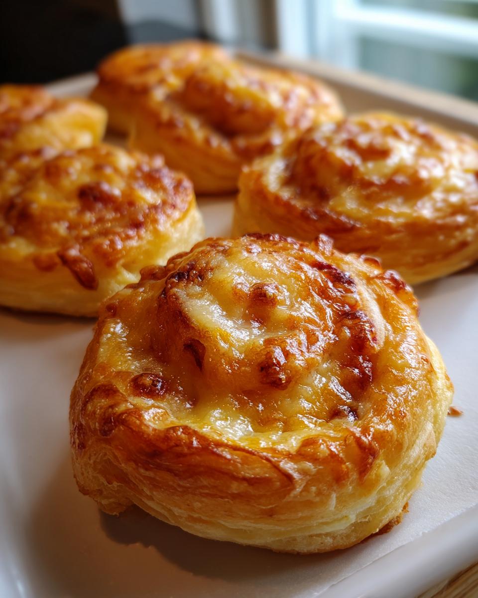 Nahaufnahme von gebackenen Schinken Käse Schnecken aus Blätterteig, goldbraun und mit geschmolzenem Käse.