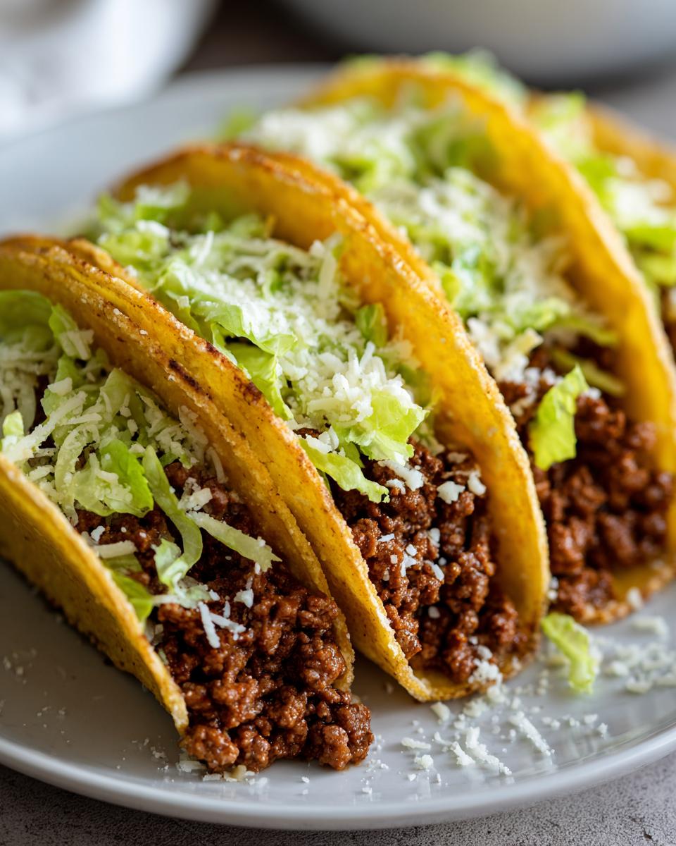 Drei perfekt zubereitete Zesty Beef Tacos mit Hackfleisch, Salat und Käse auf einem Teller.