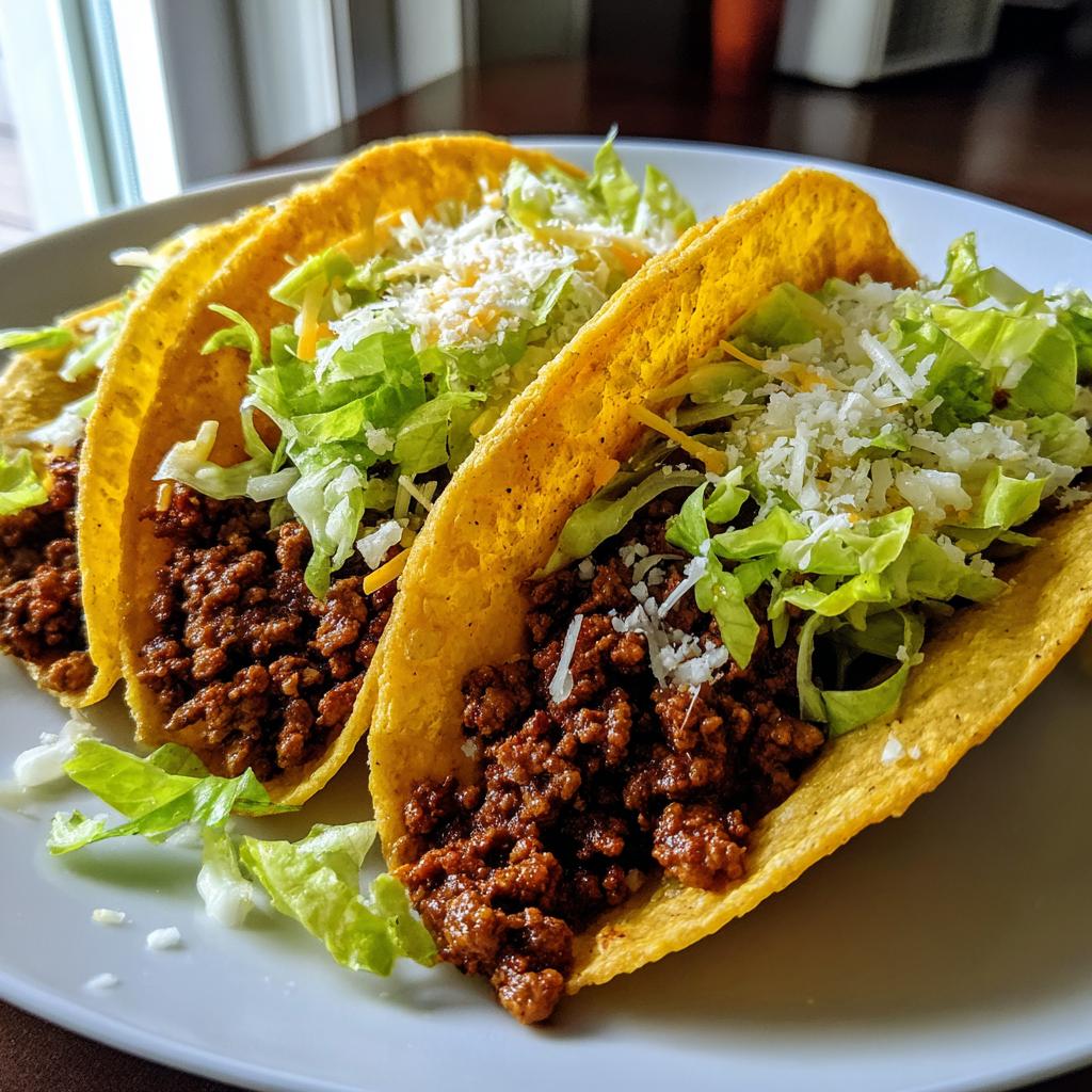 Drei leckere Zesty Beef Tacos mit Hackfleisch, Salat und Käse auf einem Teller.