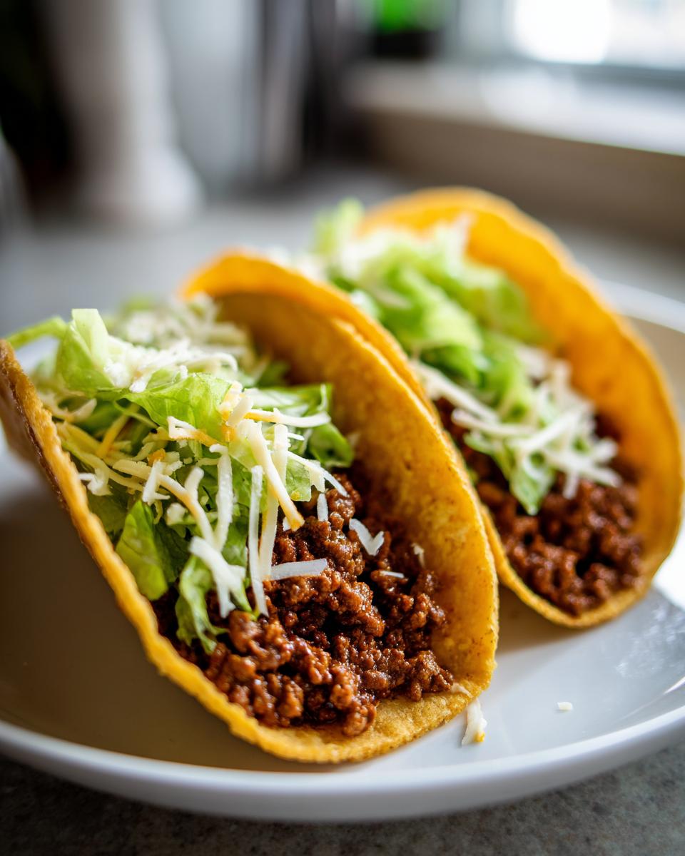 Zwei frisch zubereitete, schnelle und leckere Zesty Beef Tacos mit Hackfleisch, Salat und Käse auf einem Teller.