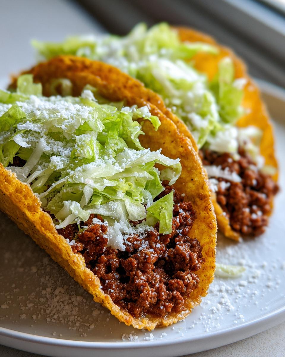 Nahaufnahme von drei Zesty Beef Tacos mit Hackfleisch, Salat und Käse.