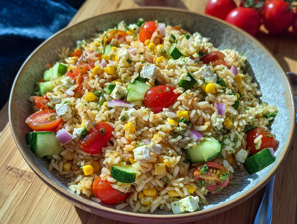 Bunter Reissalat mit Pesto und Feta
