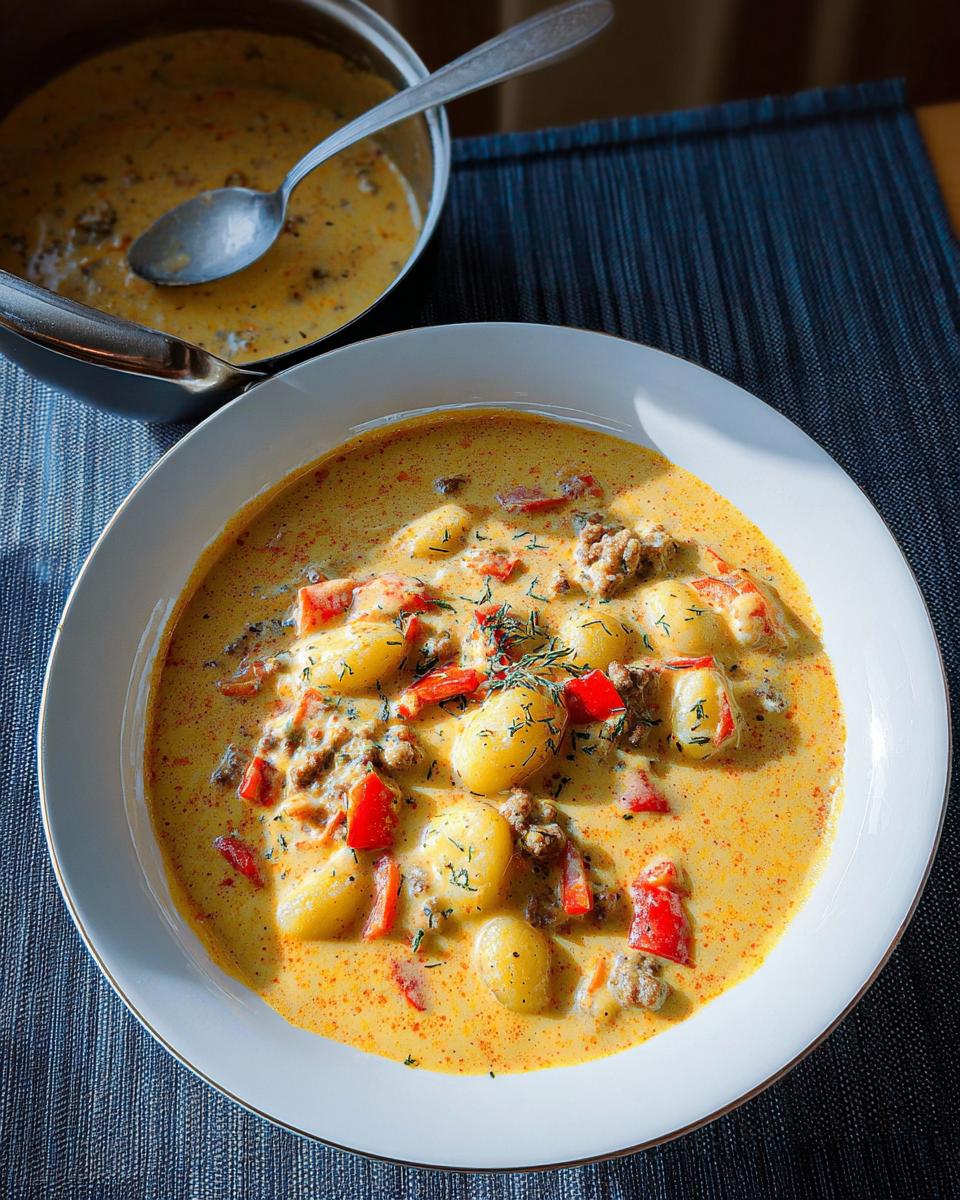 Cremige Käse-Paprika-Suppe mit Hackfleisch und Gnocchi - detail 1