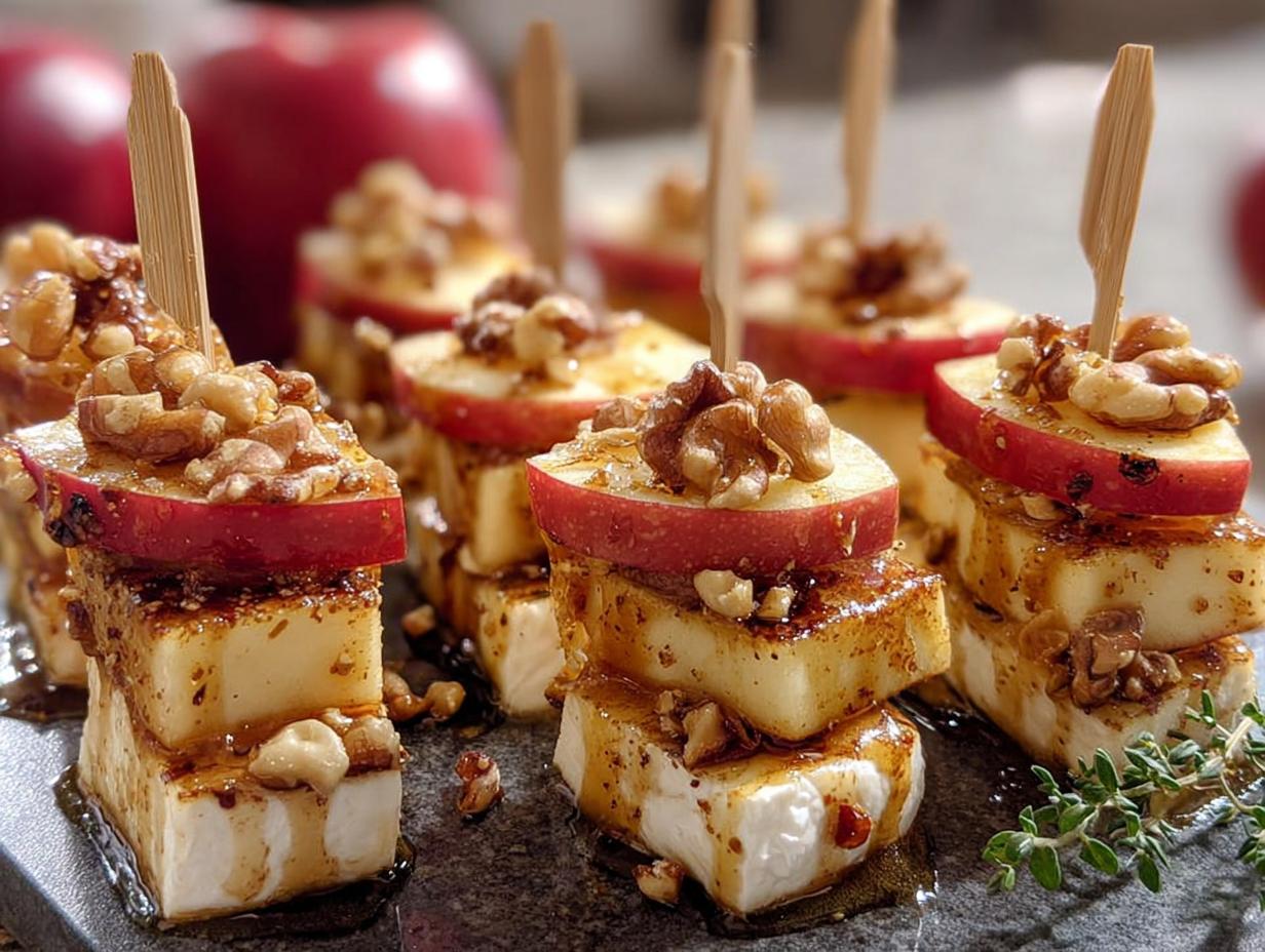 Herzhafte Apfel Camembert Spieße mit Honig Zimt